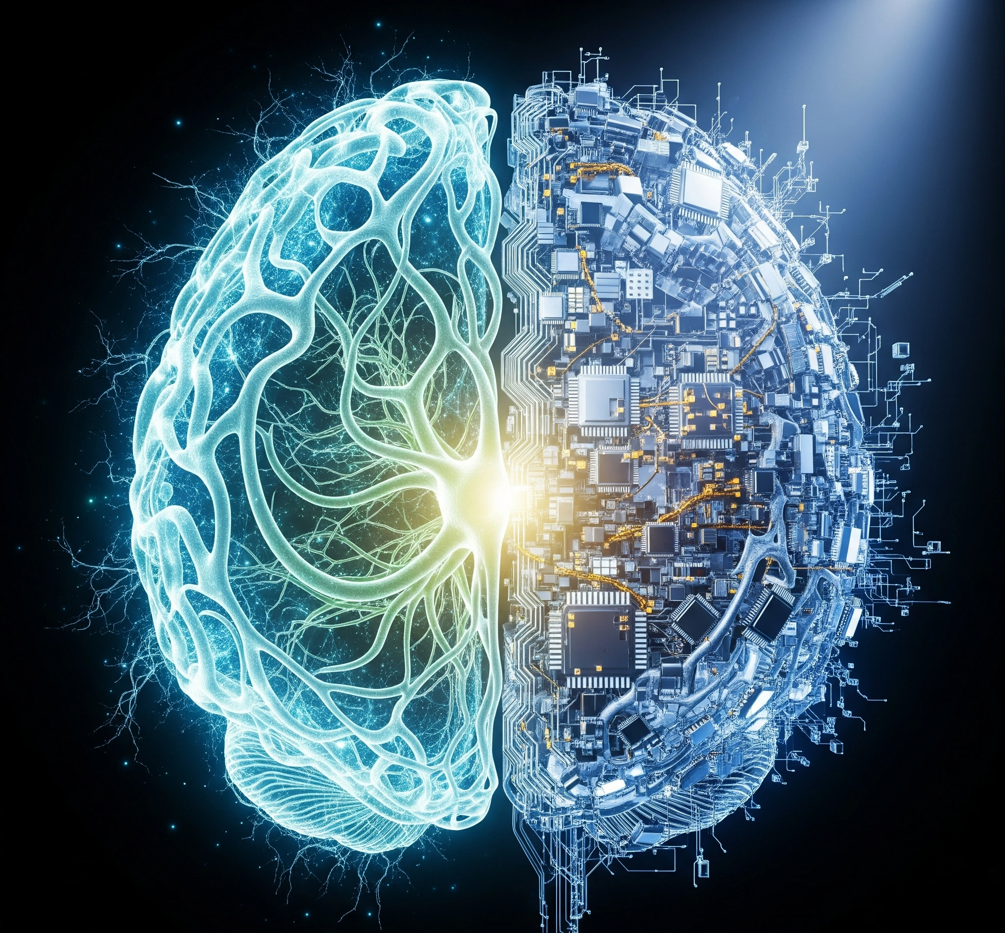 A symbolic and artistic image representing the paradox of artificial intelligence a glowing, complex digital brain structure half-made of cold, hard circuits and half made of organic, flowing natural patterns,