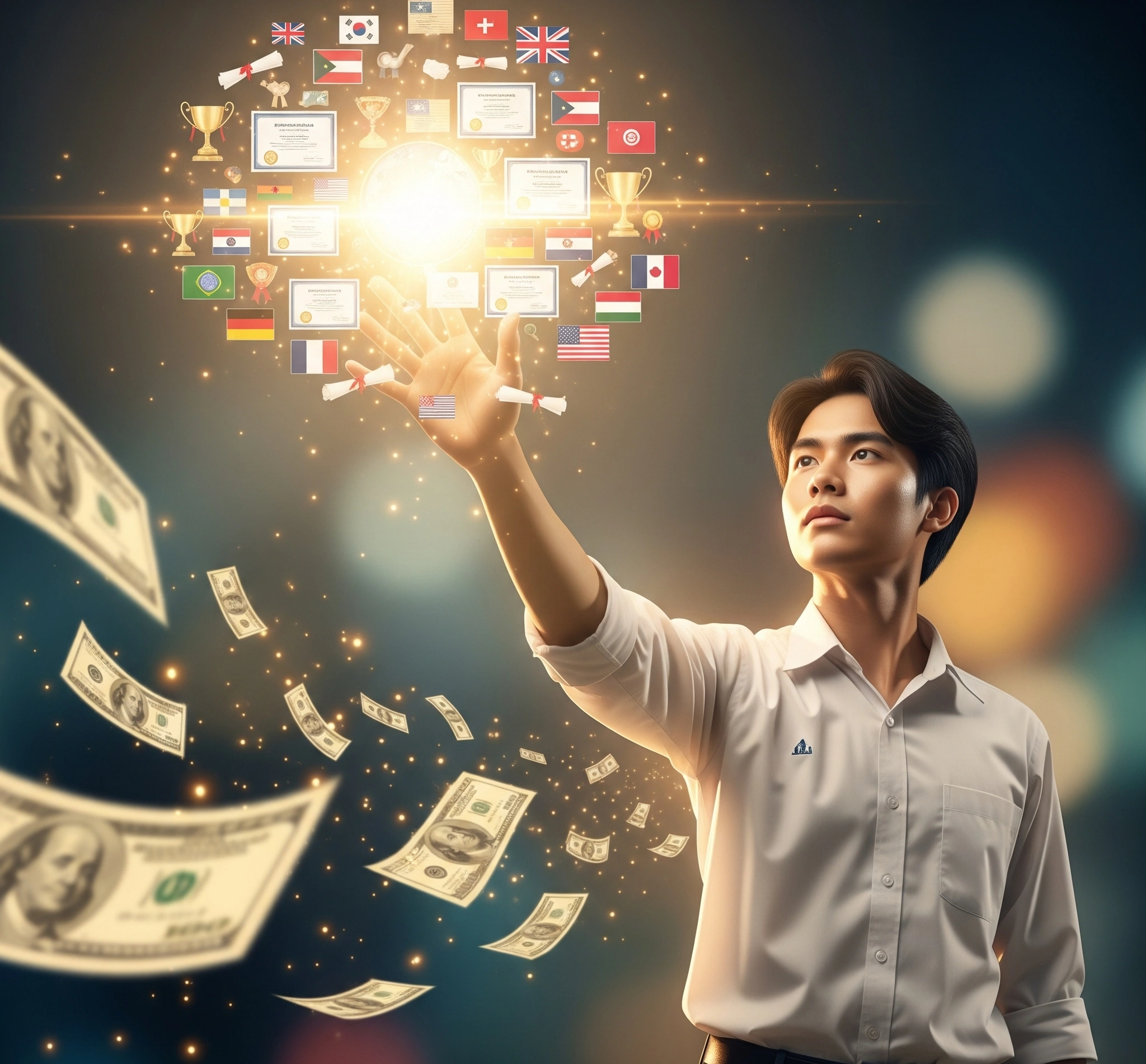 An aspirational image of a student bathed in soft, golden light reaching for a glowing constellation of academic achievements and global opportunities, subtly incorporating financial elements like flowing curr