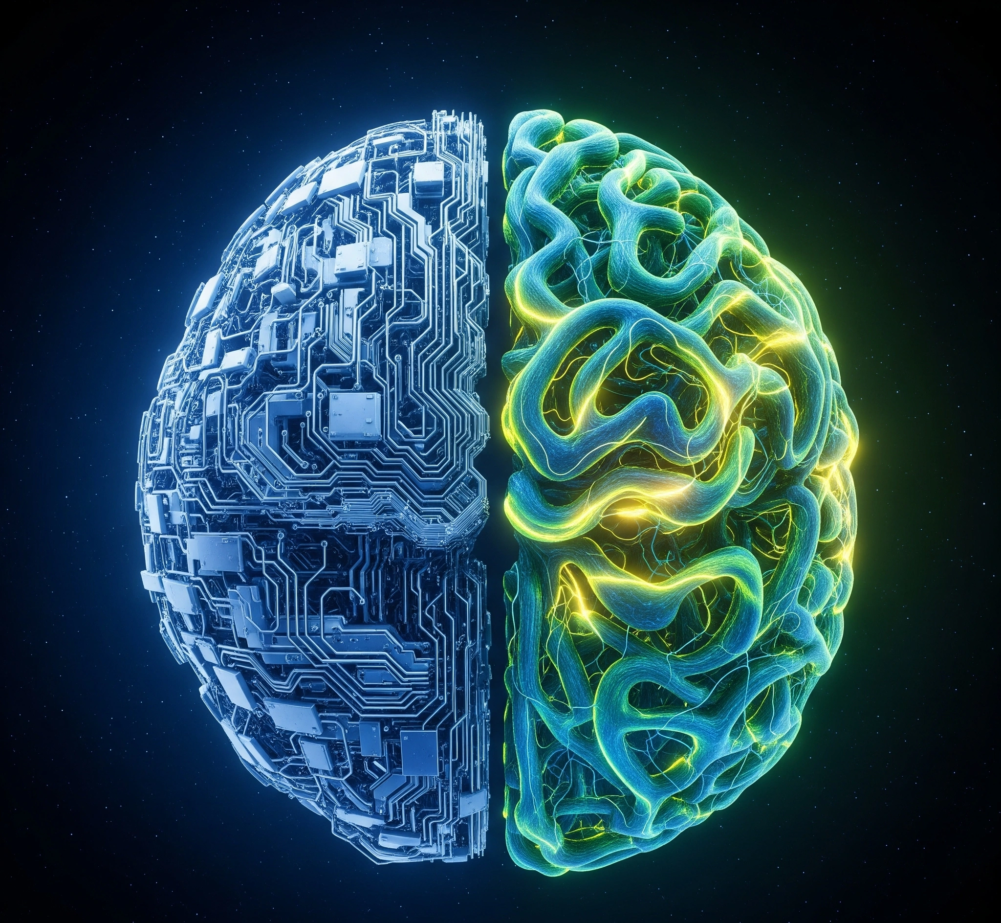 A symbolic and artistic image representing the paradox of artificial intelligence a glowing, complex digital brain structure half-made of cold, hard circuits and half made of organic, flowing natural patterns,