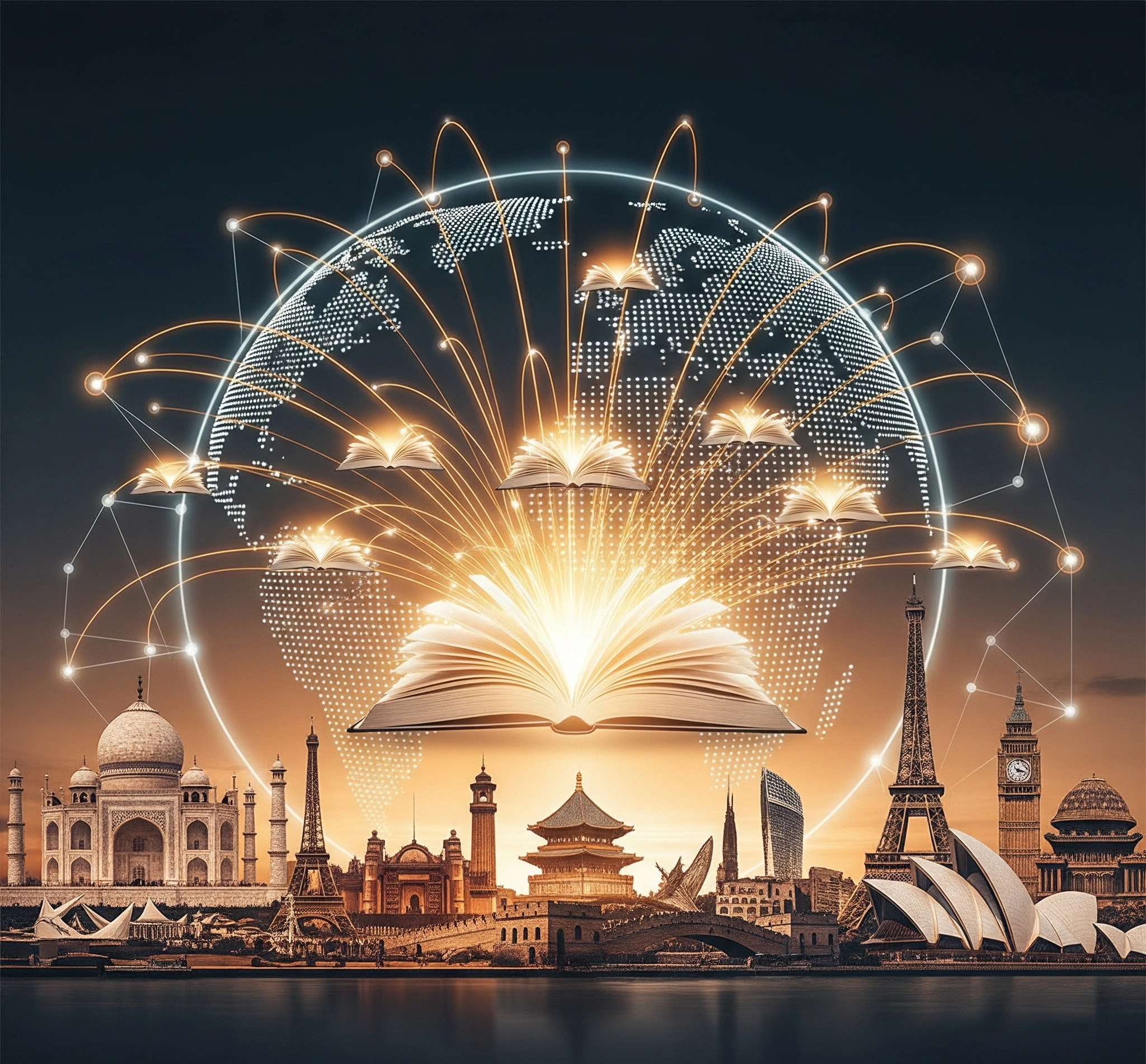 A symbolic and artistic image representing global education opportunities a network of interconnected glowing nodes forming a stylized globe, with pathways of light converging on open books, set against a back