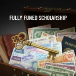 n intricate, multi-layered key unlocking a treasure chest overflowing with books, travel documents, and currency notes, symbolizing the opportunities unlocked by a fully funded scholarship.