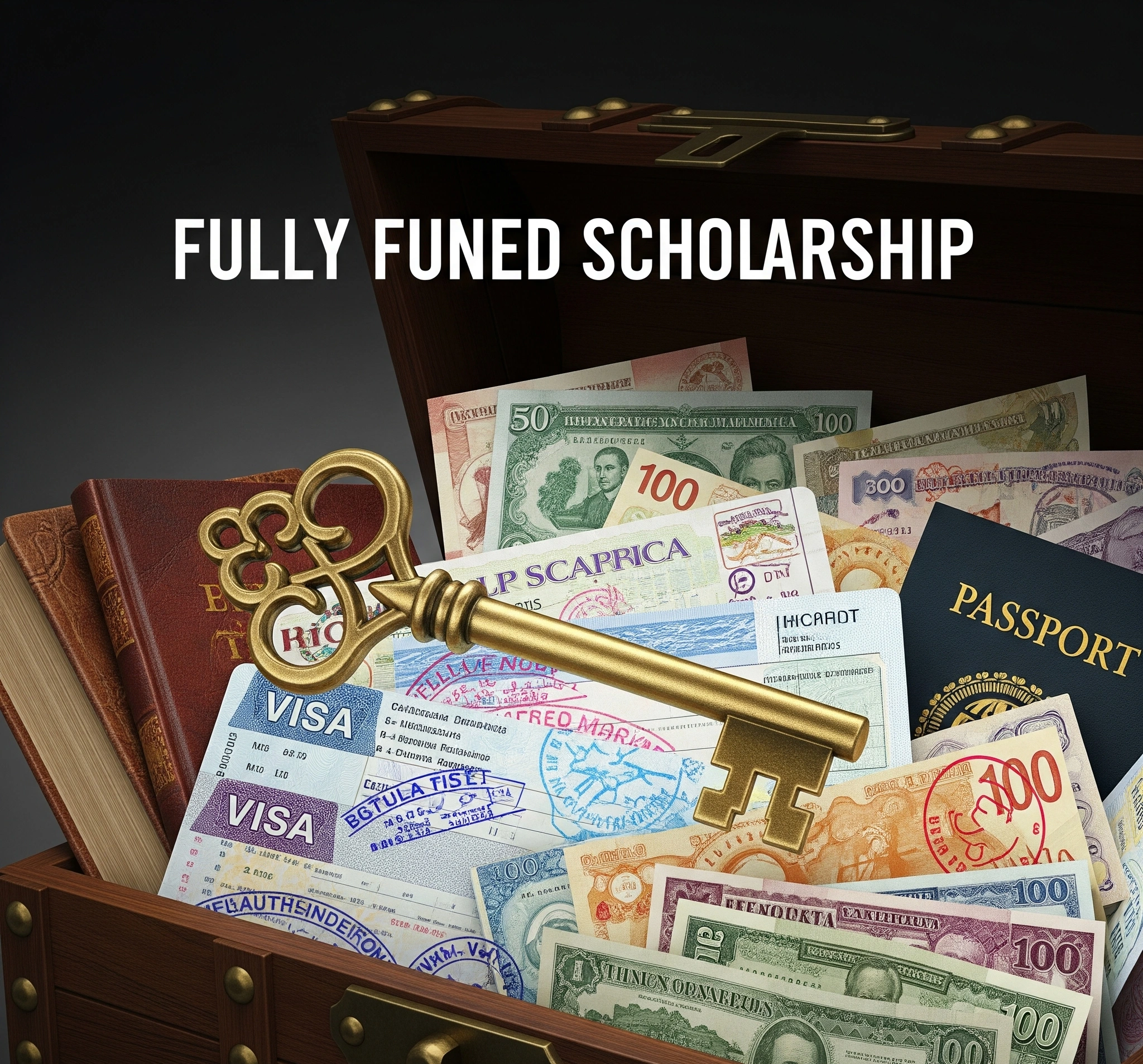 n intricate, multi-layered key unlocking a treasure chest overflowing with books, travel documents, and currency notes, symbolizing the opportunities unlocked by a fully funded scholarship.
