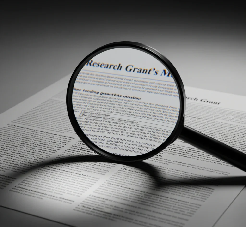 A conceptual image of a magnifying glass focusing on a complex research grant document, symbolizing the deep research needed into the funding body's mission before framing one's own research project. The docum
