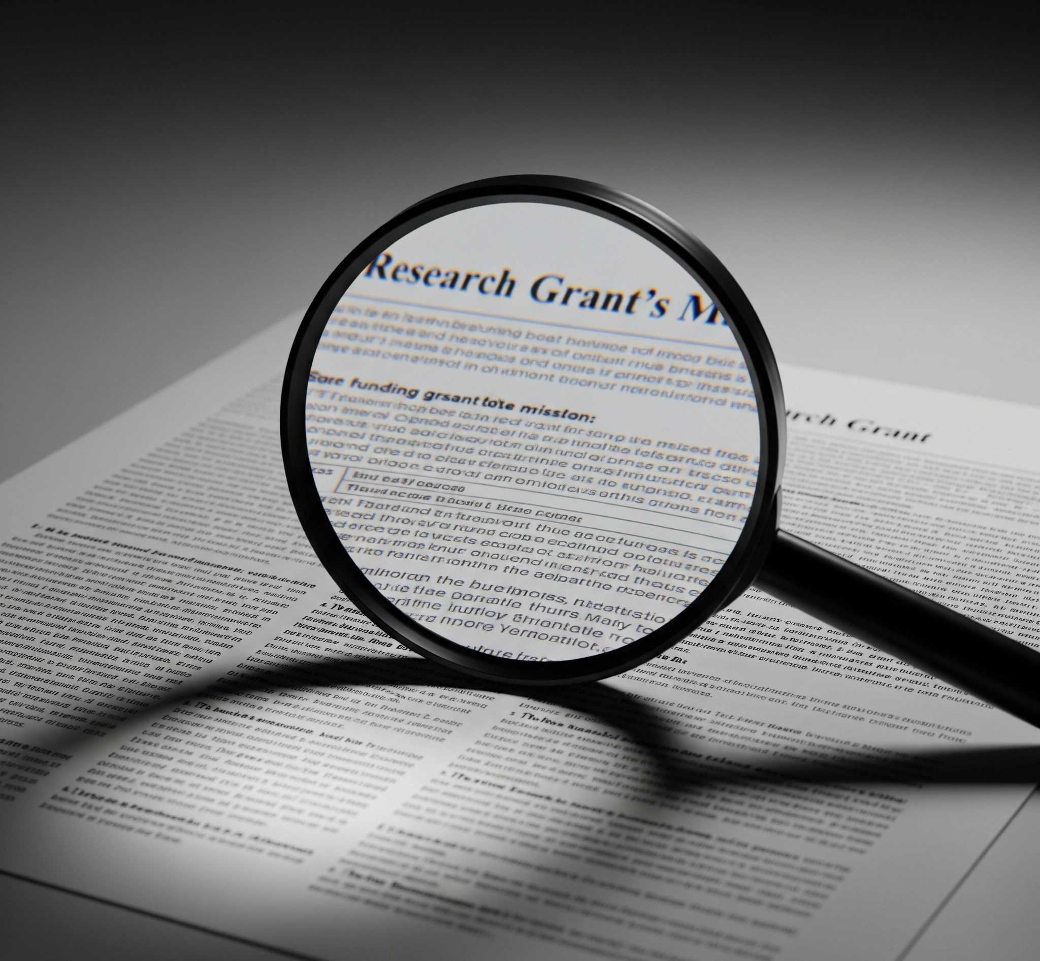 A conceptual image of a magnifying glass focusing on a complex research grant document, symbolizing the deep research needed into the funding body's mission before framing one's own research project. The document is partially illuminated by the magnifying glass.