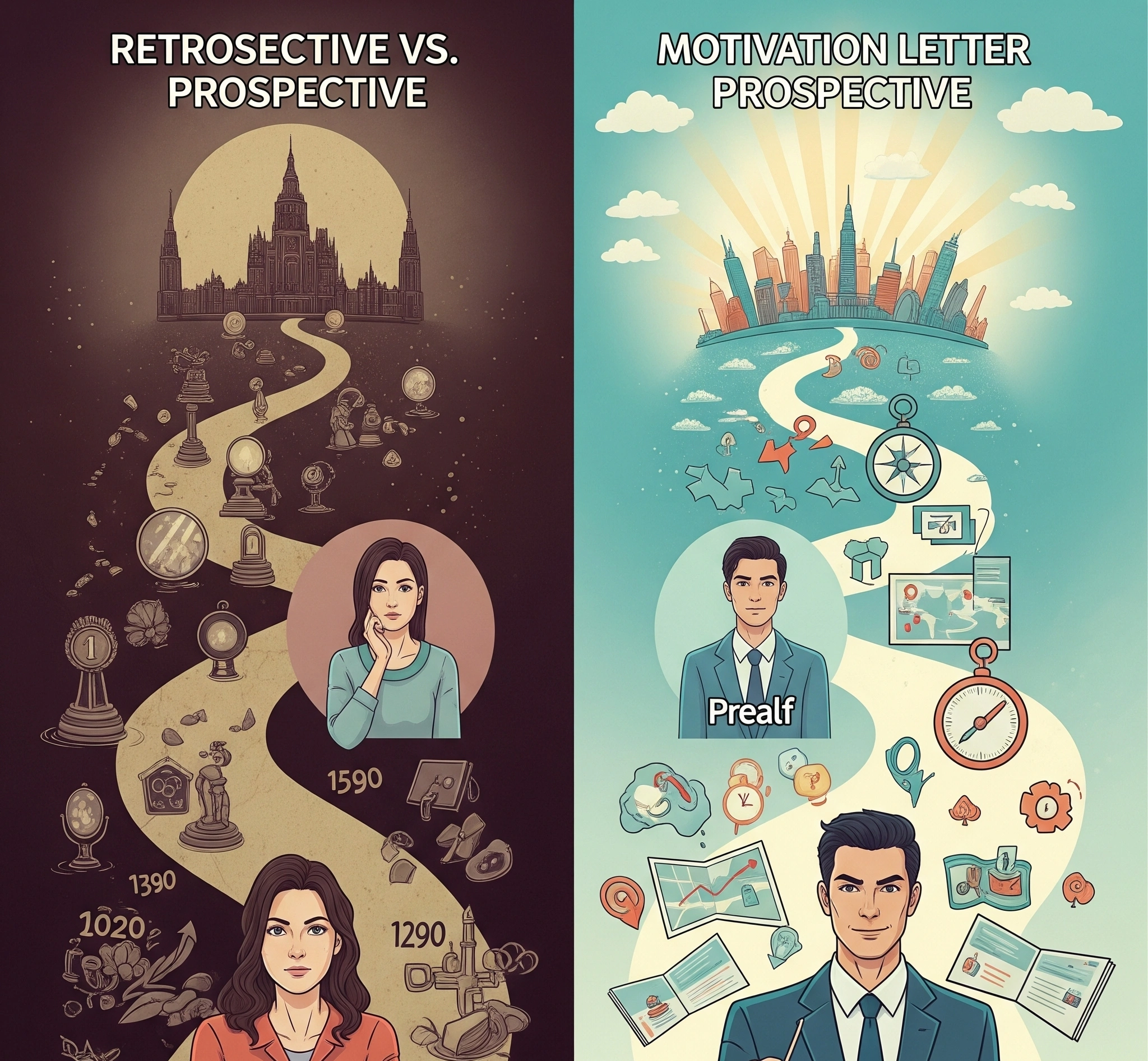A conceptual image showing two distinct pathways. One path leads from a past marked by milestones and reflections towards a present self (representing Personal Statement). The other path starts from the presen